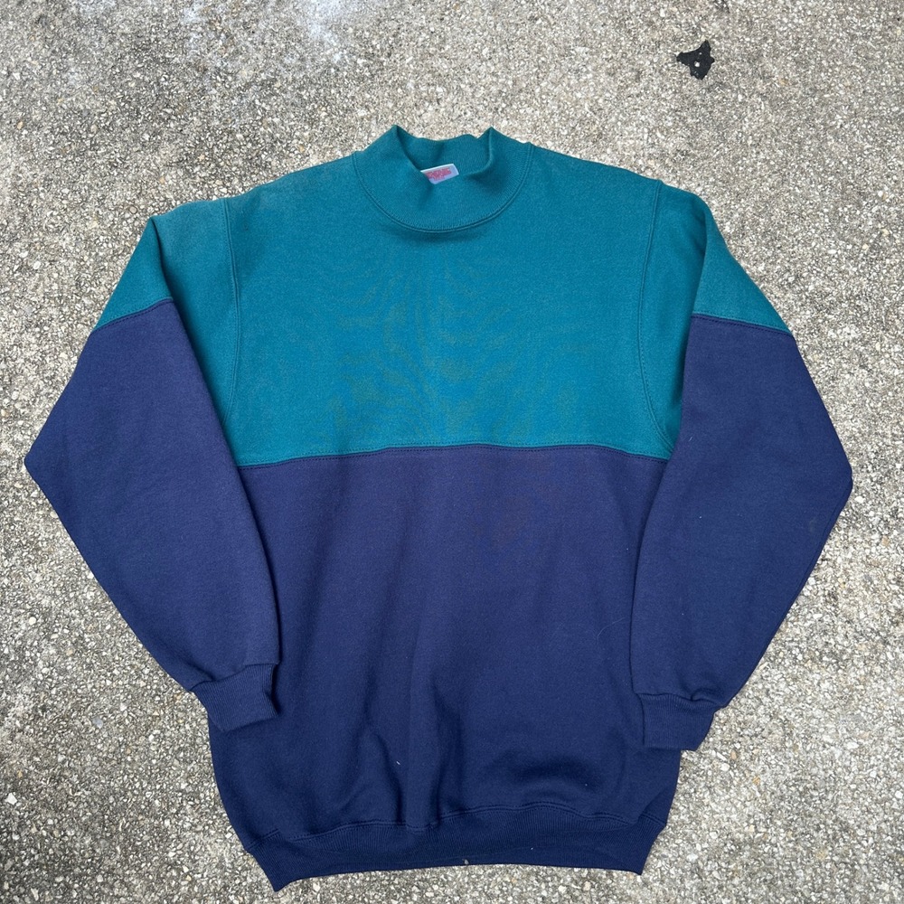 Vintage Hanes Heavyweight Sweatshirt Medium Colorblock Teal Navy Mock Neck USA